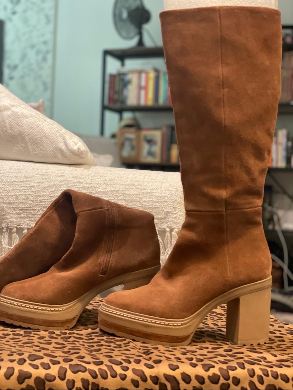Women's Knee-High Platform Block Heel Boots in Brown Suede